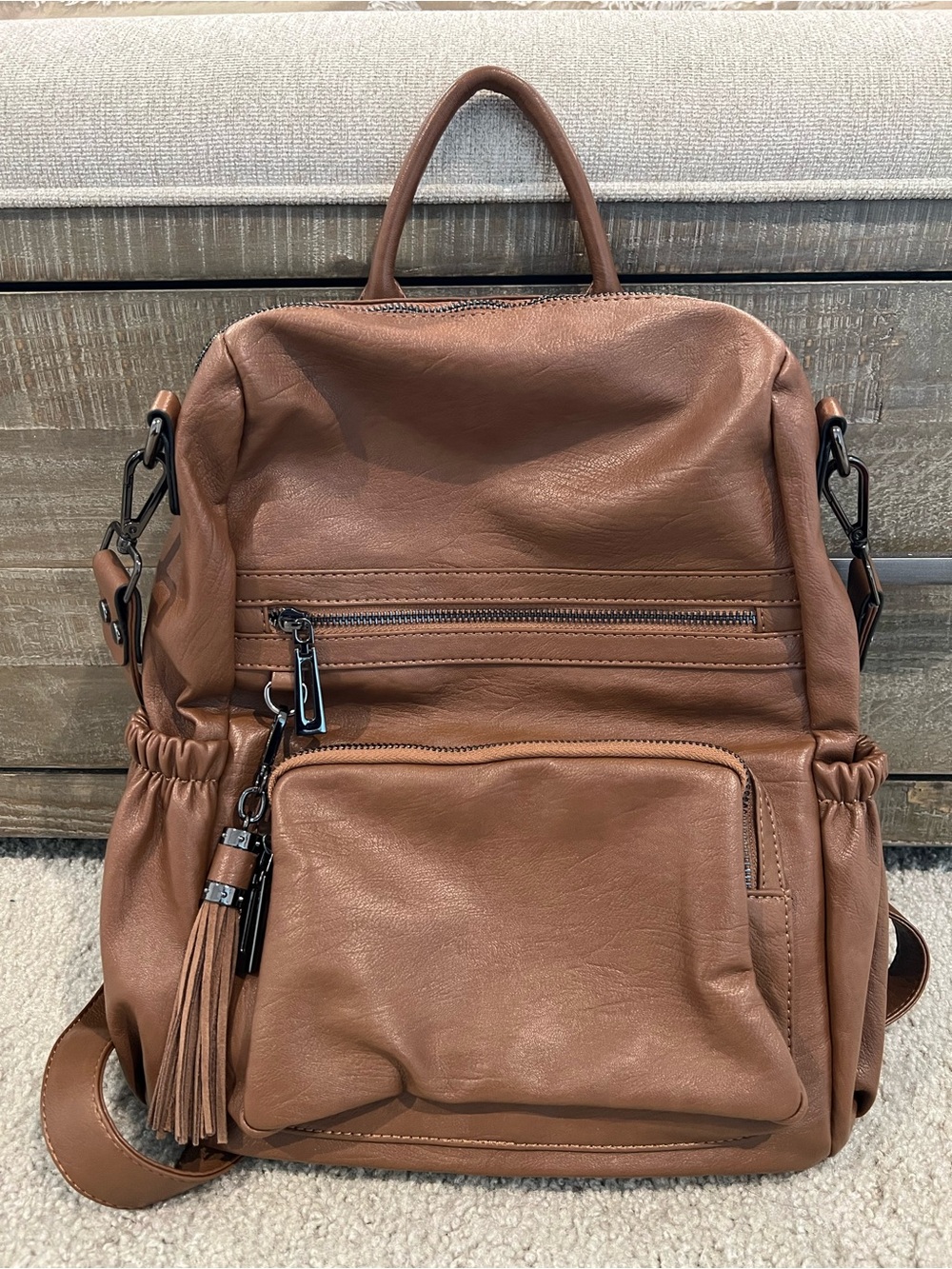 Tan Faux Leather convertible Backpack/Tote
